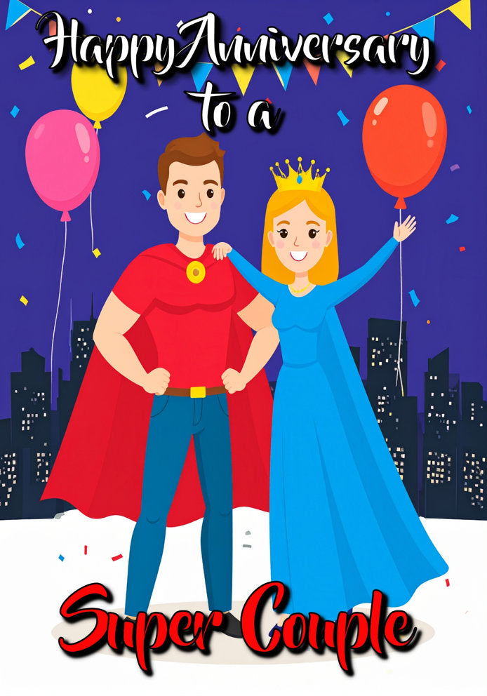 Happy Anniversary To A Super Couple - Cartoon Themed A5 Anniversary Card