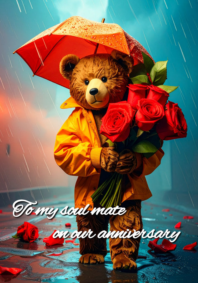 Cute Cartoon Bear With Roses -Soul Mate Anniversary - Adorable Artistic Themed A5 Anniversary Card
