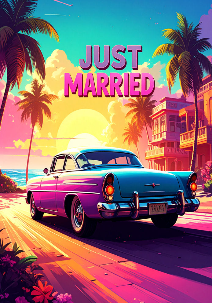 Just Married - Classic Car v1 Blue/Purple/Yellow - Artistic/Arty A5 Wedding Card