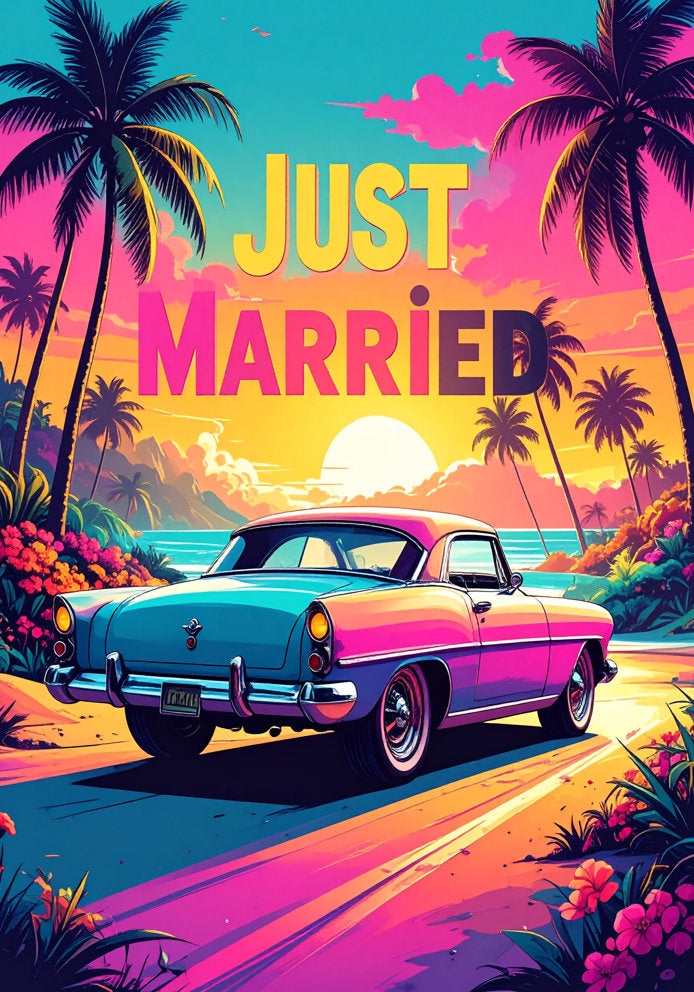 Just Married - Classic Car v2 Pink/Blue/Orange - Artistic/Arty A5 Wedding Card