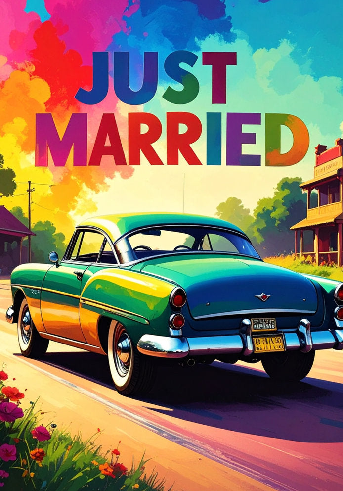 Just Married - Classic Car v3 Green/Pink/Blue - Artistic/Arty A5 Wedding Card