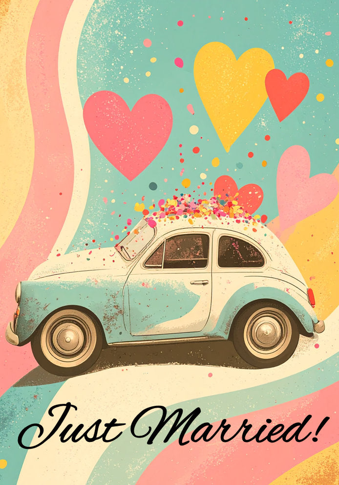 Just Married - Retro Classic Vintage Beetle Car v1 - Themed A5 Wedding Card