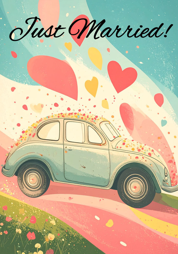 Just Married - Retro Classic Vintage Beetle Car v2 - Themed A5 Wedding Card