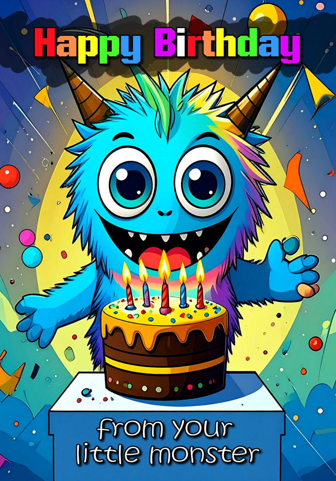 Happy Birthday From Your Little Monster - Cute Cartoon Monster Themed A5 Birthday Card From The Kids