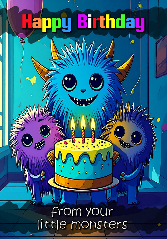 Happy Birthday From Your Little Monsters (3) - Cute Cartoon Monster Themed A5 Birthday Card From The Kids