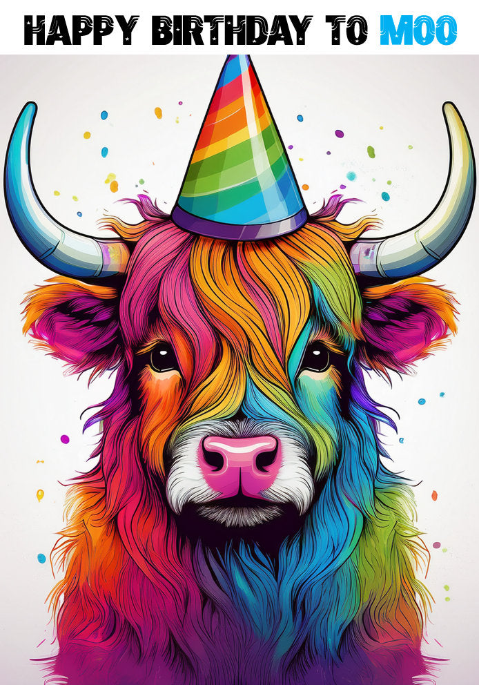 Happy Birthday To Moo - Rainbow Colourful Aberdeen Angus Highland Cow Themed Cartoon A5 Birthday Card