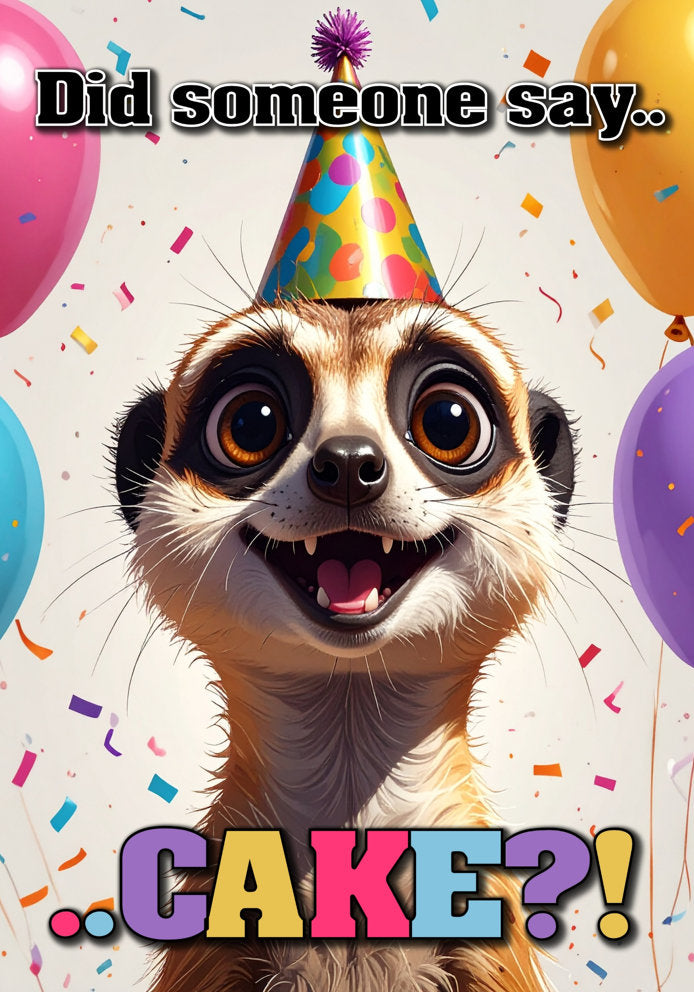 Did Someone Say Cake - Cute Humorous Cartoon Meerkat Themed A5 Birthday Card