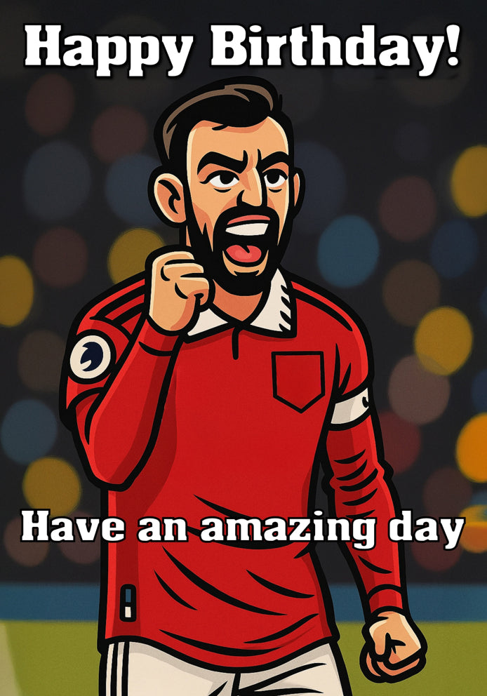 "The Portuguese Maestro!" - Bruno Fernandes Manchester United Cartoon Football Themed A5 Birthday Card