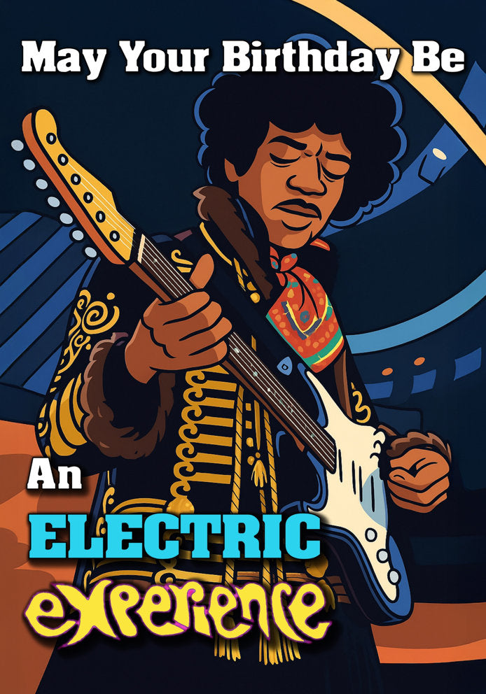Electric Experience Birthday - Jimi Hendrix Cartoon Retro Music Themed A5 Birthday Card