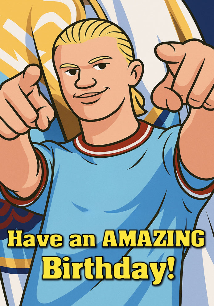 "The Big Norwegian!" - Erling Haaland Manchester City Cartoon Football Themed A5 Birthday Card