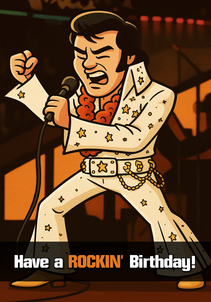 Rockin' Birthday - Elvis Presley Cartoon Rock'n'Roll Themed A5 Birthday Card
