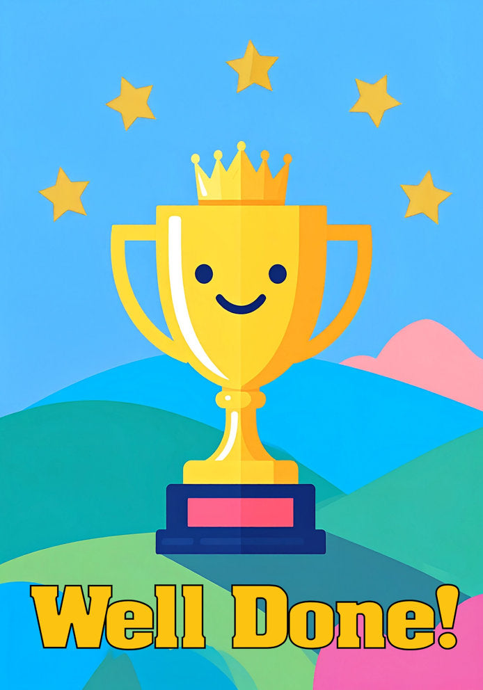 Well Done - Cartoon Trophy Themed A5 Congratulations Card For Children Kids