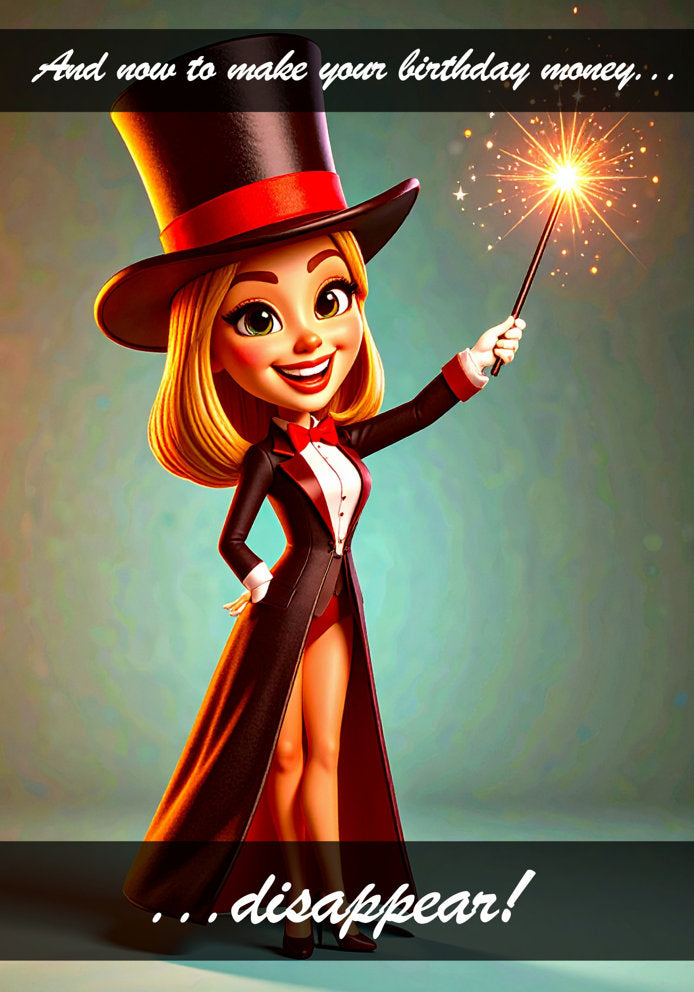 And Now to Make Your Birthday Money Disappear - Humorous/Funny Cartoon Magician Themed A5 Birthday Card