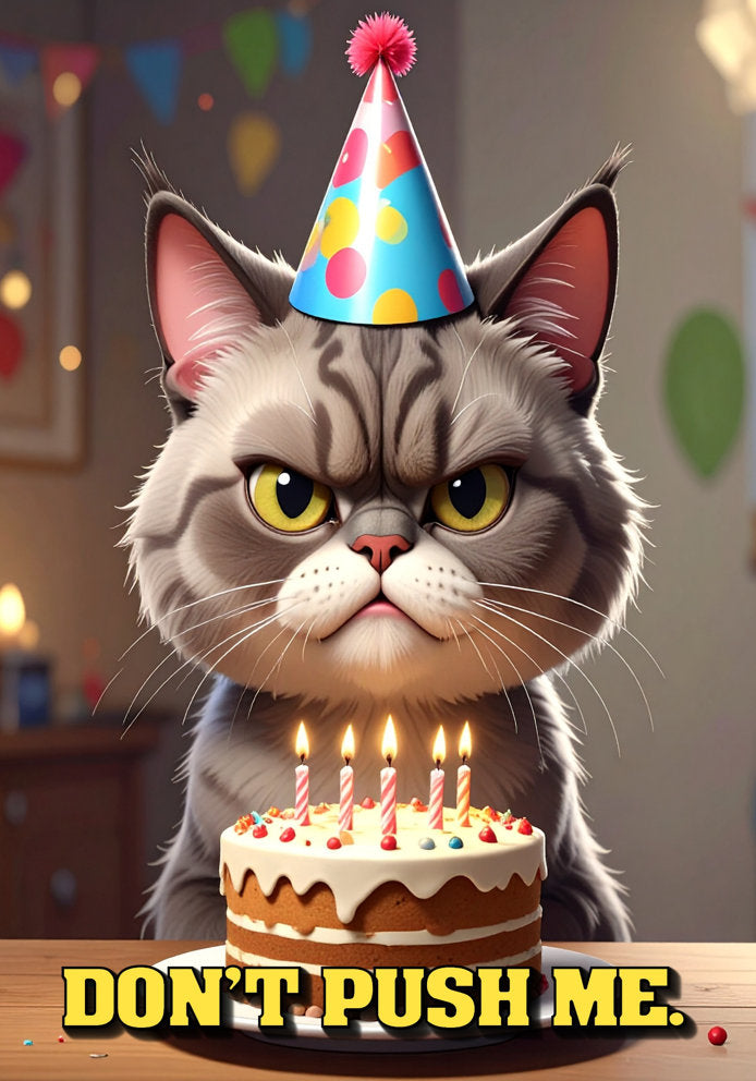 Don't Push Me - Humorous/Funny Grumpy Cat in Birthday Hat Cartoon A5 Themed Birthday Card