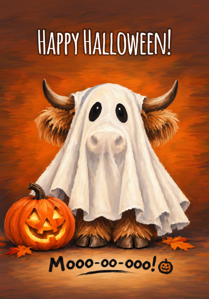 Happy Halloween Moo-oo-ooo! - Highland Cow Cute Humorous Cartoon Themed A5 Halloween Greetings Card