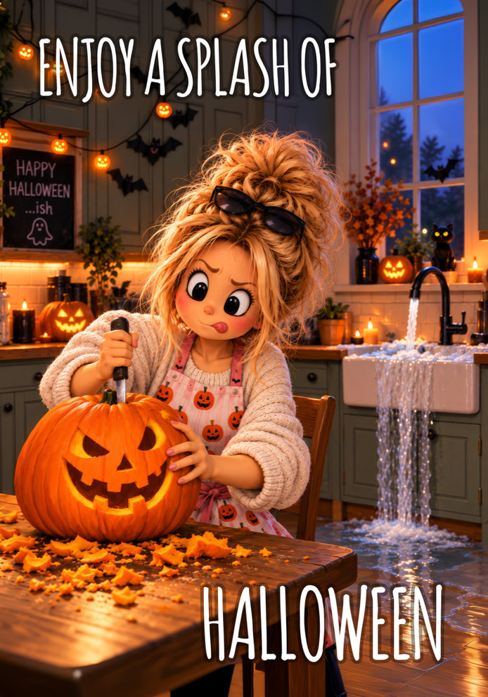 Enjoy A Splash Of Halloween - Daisy Deene Cute Humorous Cartoon Themed A5 Halloween Greetings Card