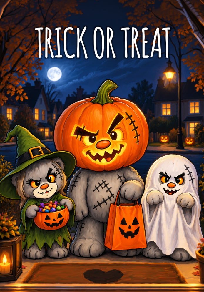 Trick or Treat - Scratty Ted Cute Humorous Cartoon Themed A5 Halloween Greetings Card