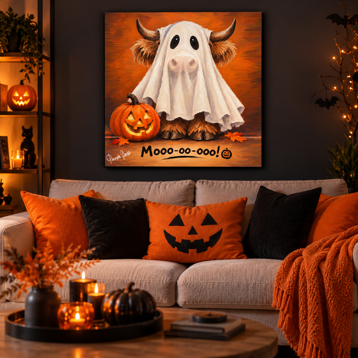 "Highland Cows: Halloween Moo-oo-ooo!" - Square Canvas Print (Various Sizes Available)