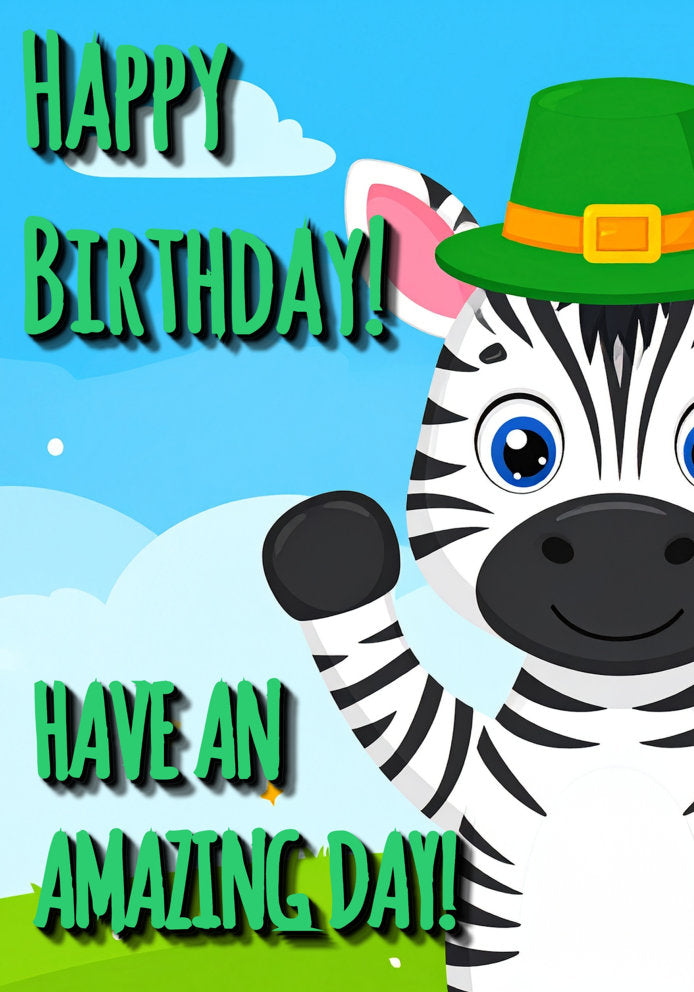 Zebra Happy Birthday - Cute Cartoon Animal Themed A5 Birthday Card for Kids