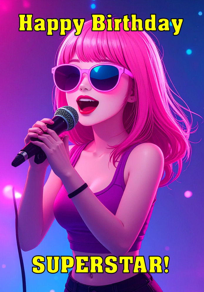 Happy Birthday Superstar - Singer Girl Pink Hair Sunglasses - Cartoon Music Themed A5 Birthday Card for Kids