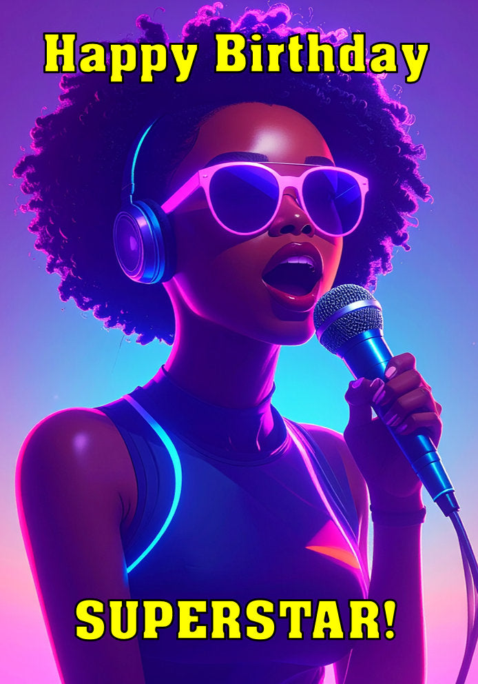 Happy Birthday Superstar - Singer Girl Headphones Sunglasses - Cartoon Music Themed A5 Birthday Card for Kids