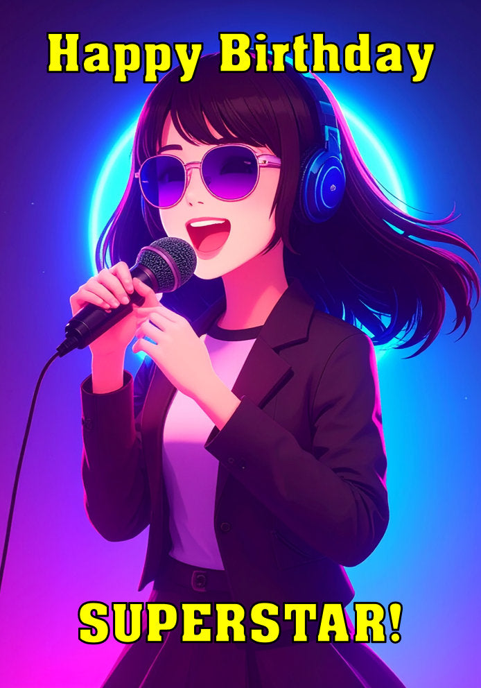 Happy Birthday Superstar - Singer Girl Dark Hair Sunglasses - Cartoon Music Themed A5 Birthday Card for Kids