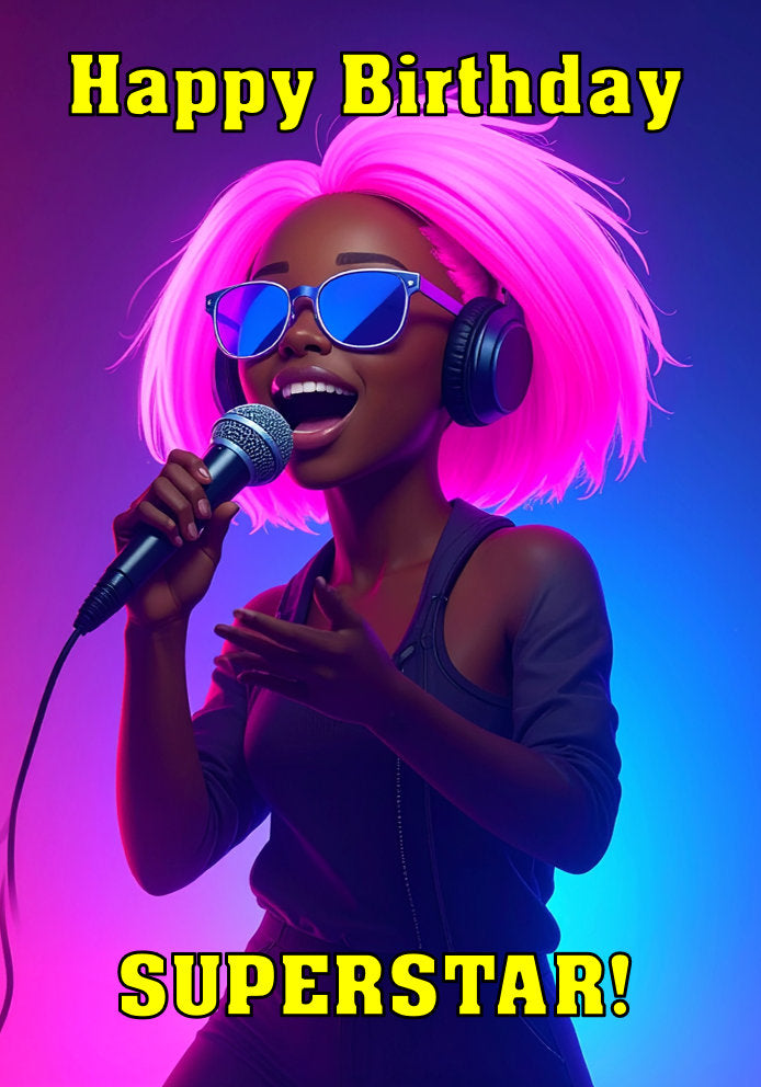Happy Birthday Superstar - Singer Girl Pink Hair Headphones Sunglasses - Cartoon Music Themed A5 Birthday Card for Kids