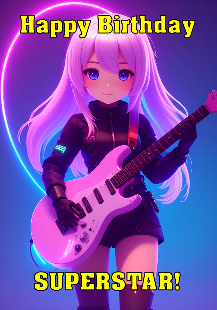 Happy Birthday Superstar - Guitar Girl Pink Hair - Cartoon Music Themed A5 Birthday Card for Kids
