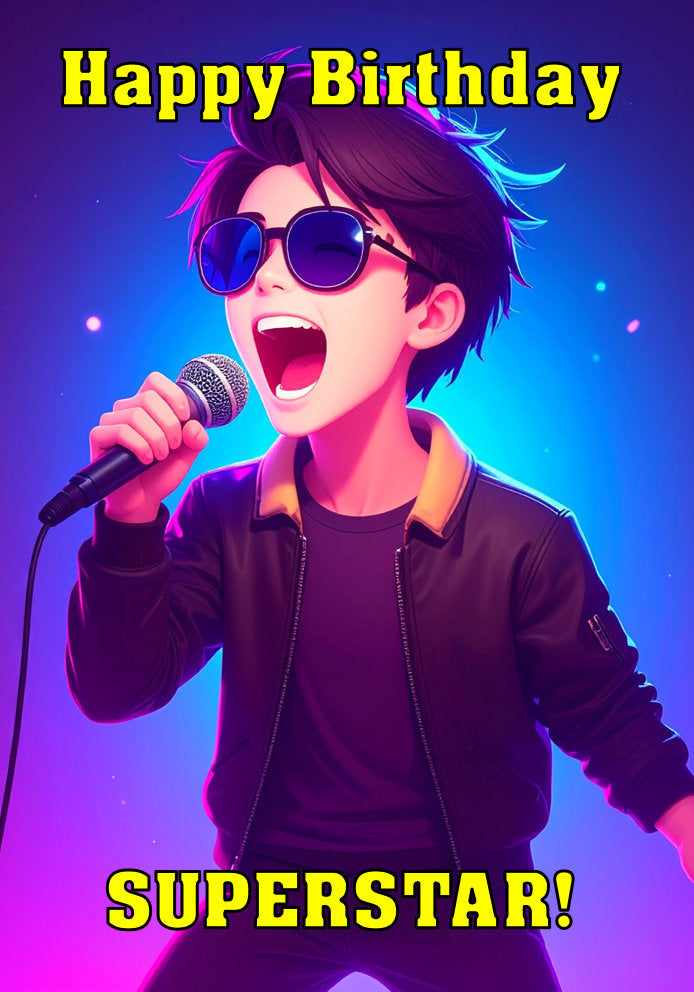Happy Birthday Superstar - Singer Boy Purple Hair - Cartoon Music Themed A5 Birthday Card for Kids