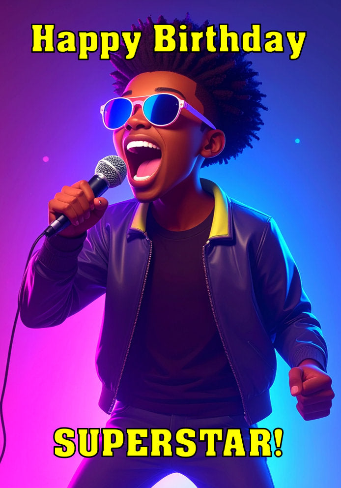 Happy Birthday Superstar - Singer Boy Blue Jacket - Cartoon Music Themed A5 Birthday Card for Kids