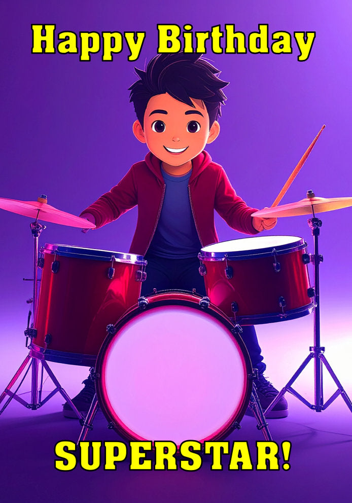 Happy Birthday Superstar - Drummer Boy Red Jacket - Cartoon Music Themed A5 Birthday Card for Kids