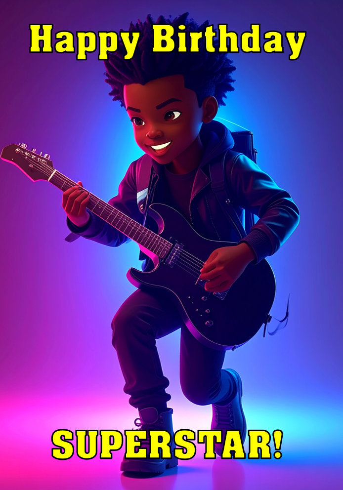 Happy Birthday Superstar - Guitar Boy Leather Jacket - Cartoon Music Themed A5 Birthday Card for Kids