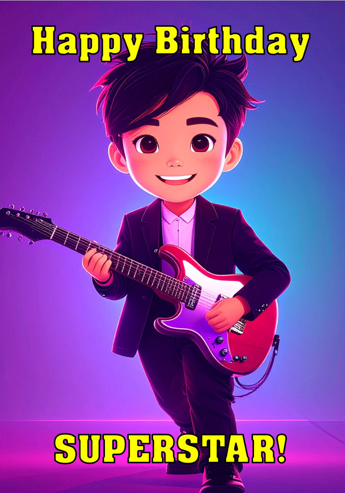 Happy Birthday Superstar - Guitar Boy Red Guitar  - Cartoon Music Themed A5 Birthday Card for Kids