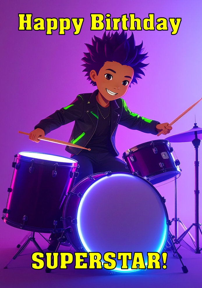 Happy Birthday Superstar - Drummer Boy Green Highlight Jacket - Cartoon Music Themed A5 Birthday Card for Kids