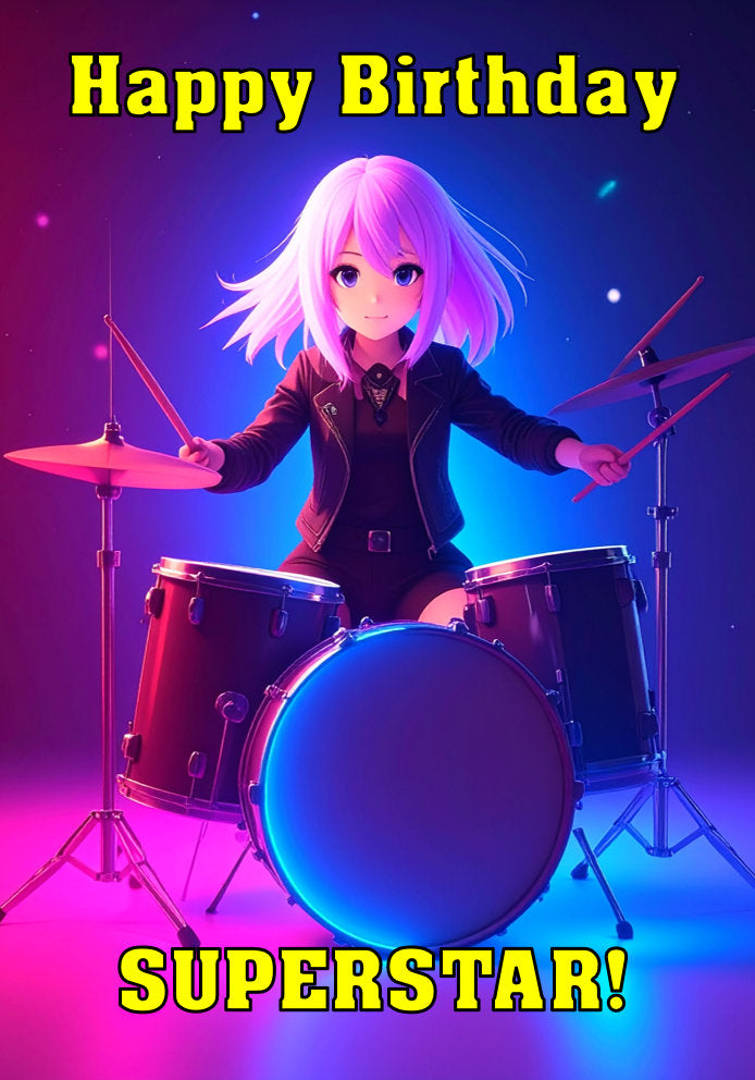Happy Birthday Superstar - Drummer Girl Black Dress - Cartoon Music Themed A5 Birthday Card for Kids