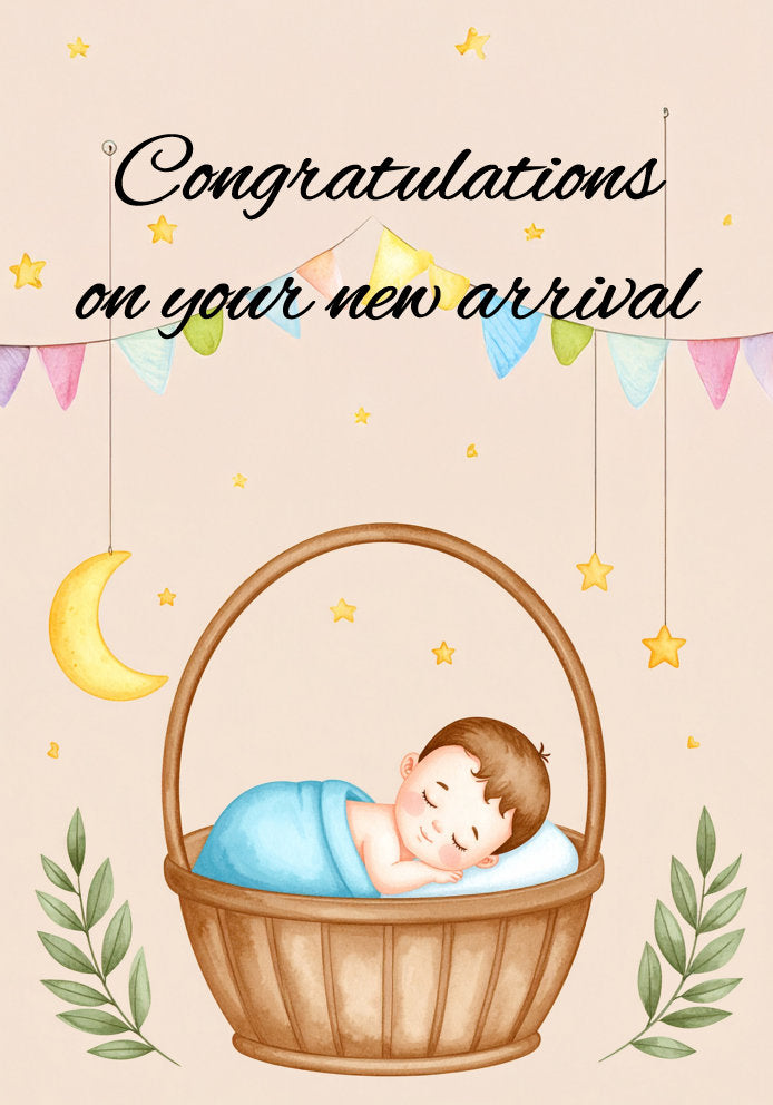 Congratulations on Your New Arrival - Gold Moon - Cute Cartoon Themed A5 New Baby Card