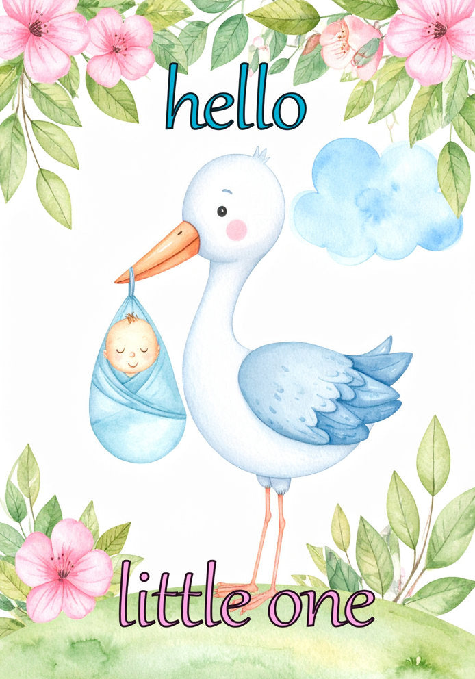Hello Little One - Adorable Traditional Stork Themed A5 New Baby Card