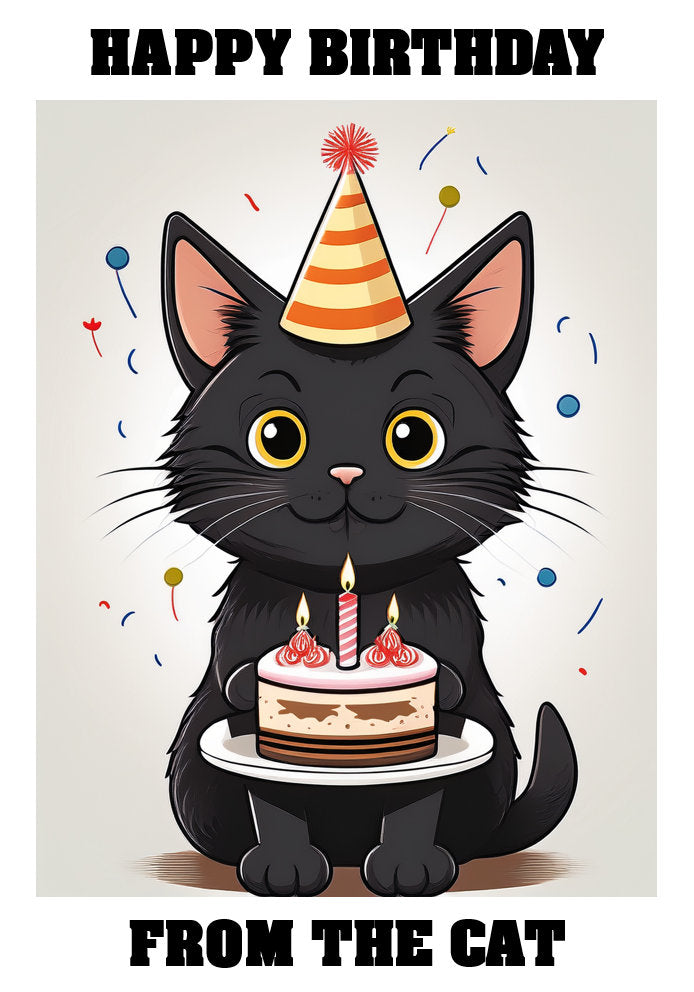 Happy Birthday From The Cat - Black Cat v2 - Adorable Cute Cartoon Pet Themed A5 Birthday Card
