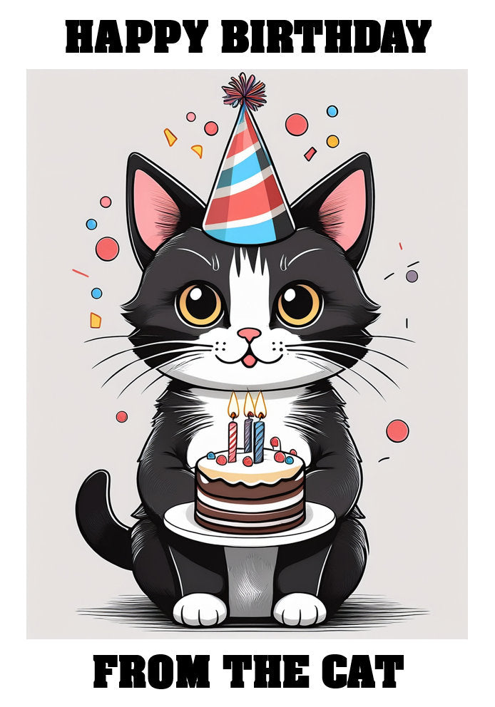Happy Birthday From The Cat - Black and White Cat - Adorable Cute Cartoon Pet Themed A5 Birthday Card