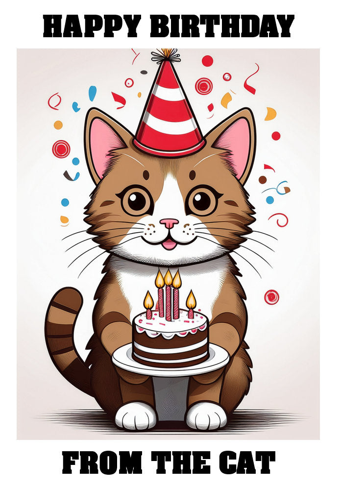 Happy Birthday From The Cat - Brown and White Cat - Adorable Cute Cartoon Pet Themed A5 Birthday Card