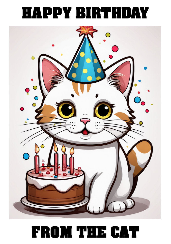 Happy Birthday From The Cat - White and Ginger Cat - Adorable Cute Cartoon Pet Themed A5 Birthday Card