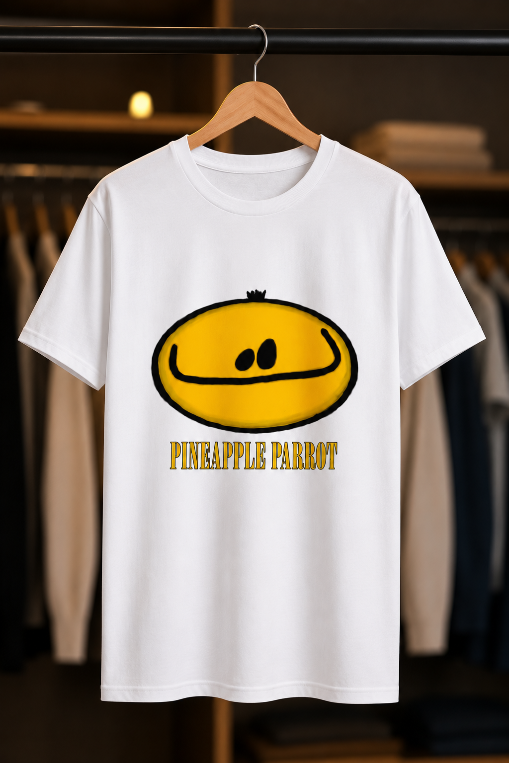 Pineapple Parrot Stevo Yellow Smiley T-Shirt (White)