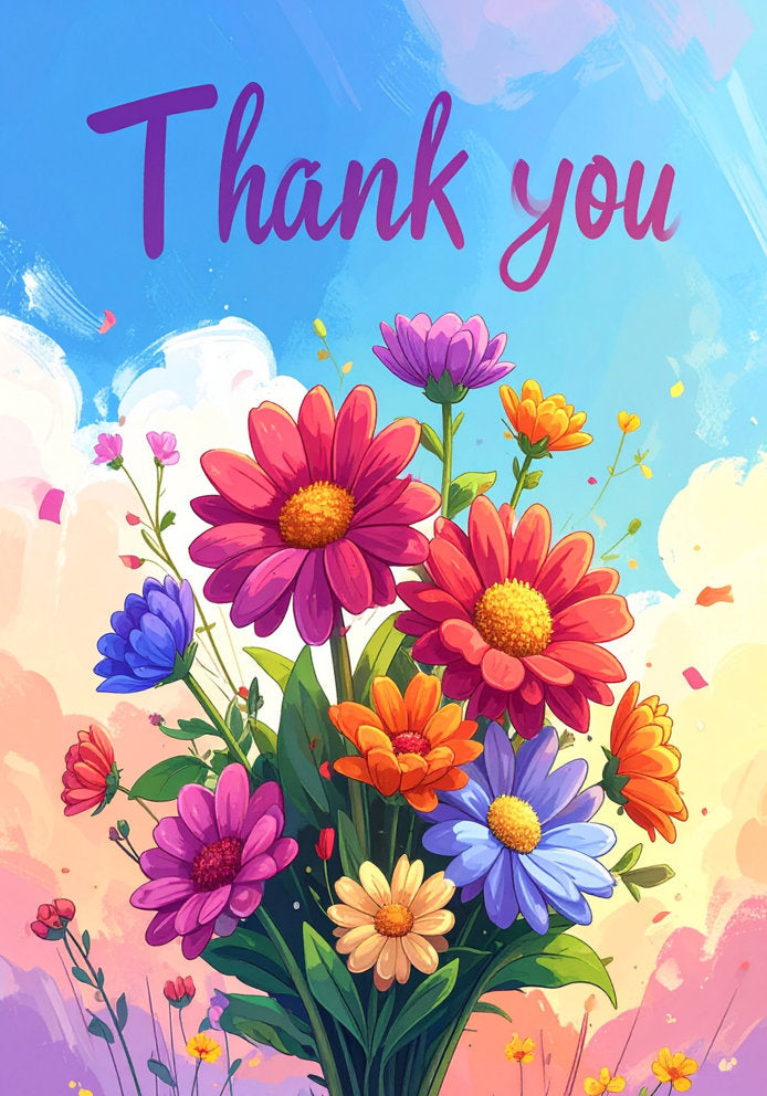 Thank You (With Cartoon Floral Bouquet Design) - Cartoon Floral Design A5 Thank You Card