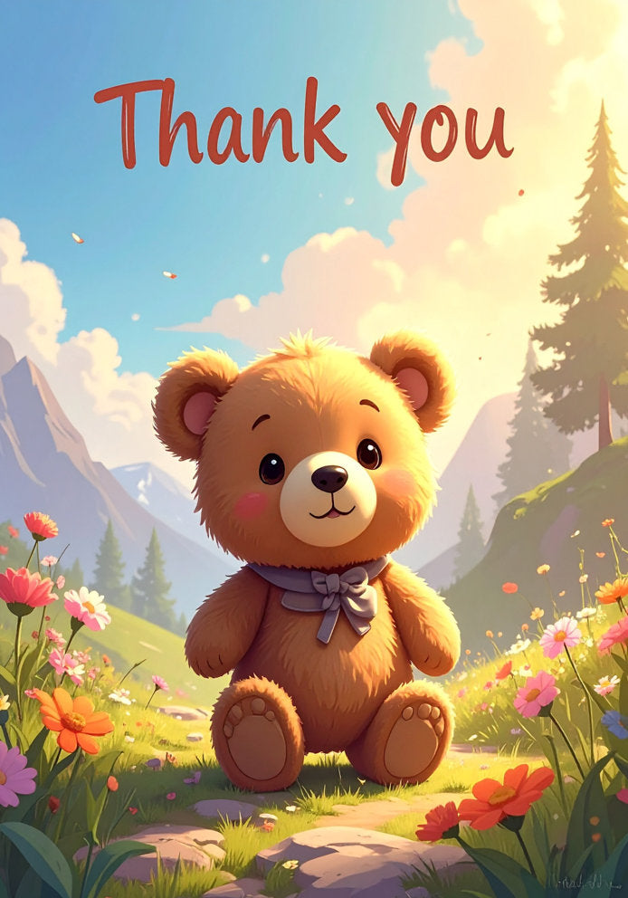 Thank You (With Cartoon Teddy Bear Design) - Adorable/Cute Cartoon Teddy Bear Design A5 Thank You Card