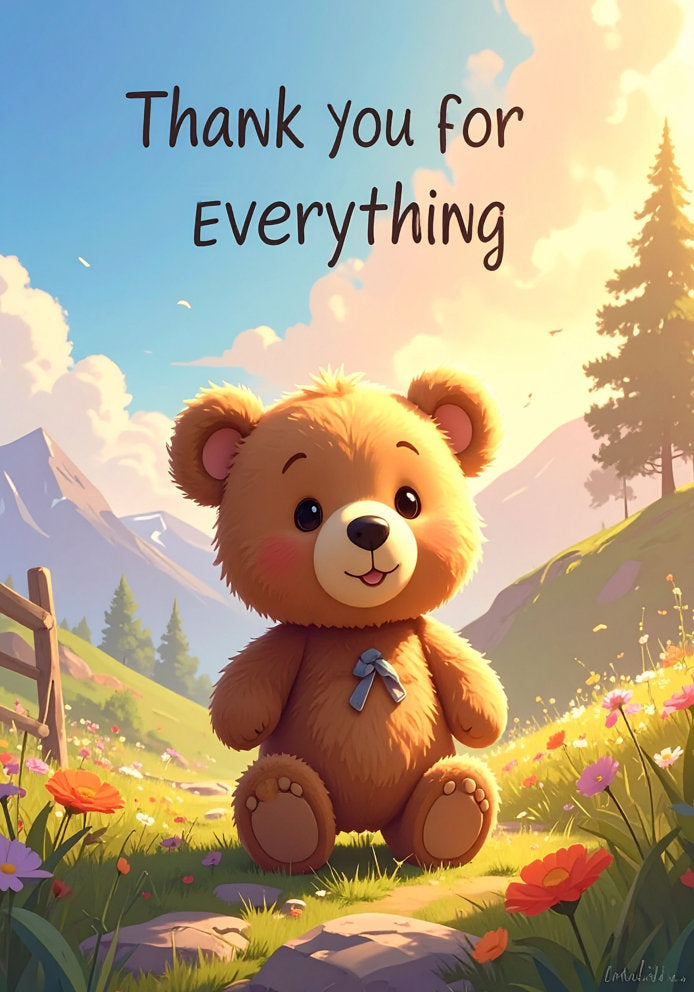 Thank You for Everything (With Cartoon Teddy Bear Design) - Adorable/Cute Cartoon Teddy Bear Design A5 Thank You Card