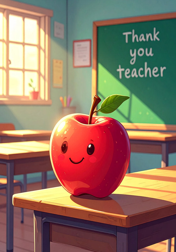 Thank You Teacher - Cartoon Classroom Apple Design A5 Thank You Card