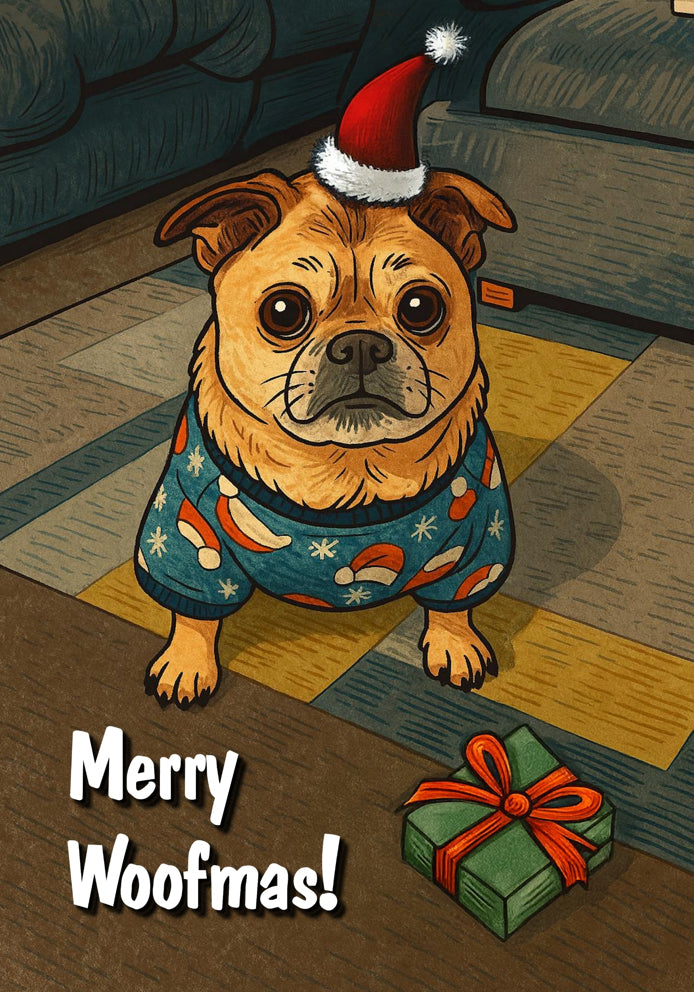 Merry Woofmas - Adorable/Cute Cartoon Dog Themed Traditional A5 Christmas Card