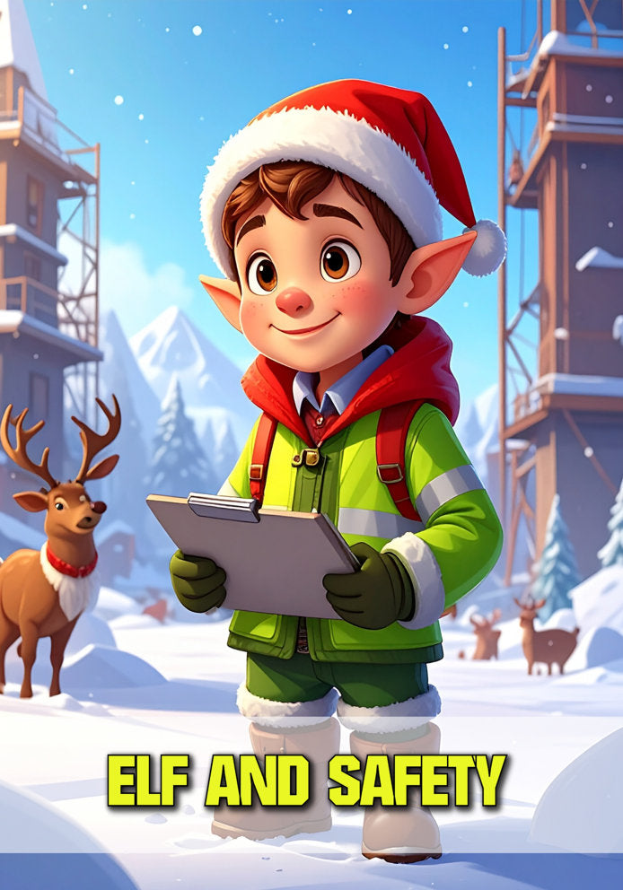 Elf and Safety - Humorous Cartoon Elf Themed A5 Christmas Card