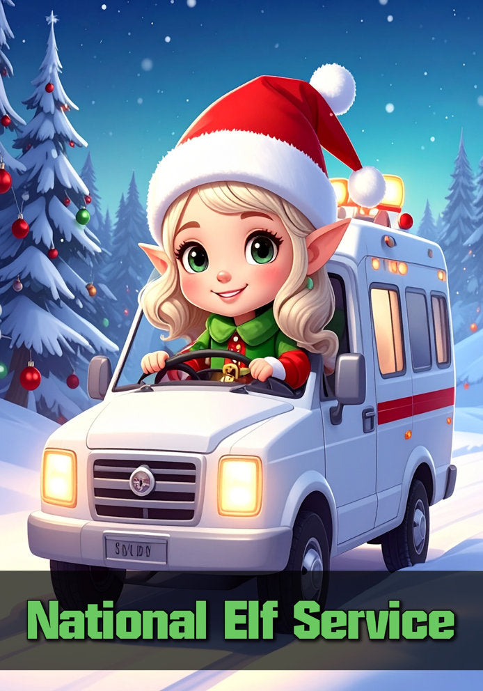 National Elf Service - Humorous Cartoon Elf Themed A5 Christmas Card