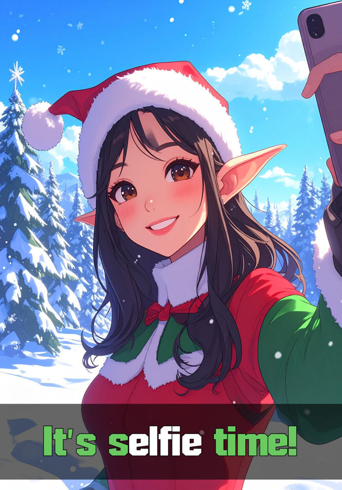 It's Selfie Time - Humorous Cartoon Elf Themed A5 Christmas Card